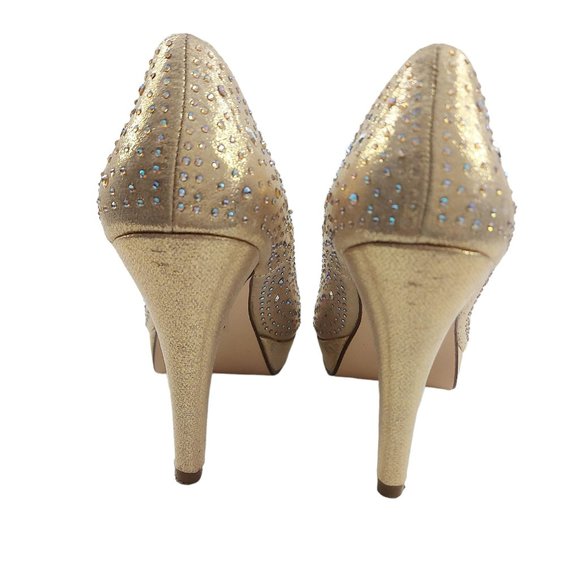 My Delicious Gold Shimmer Seize-H Platform Peep Toe Stiletto Heel 7.5 Studded - Picture 9 of 15